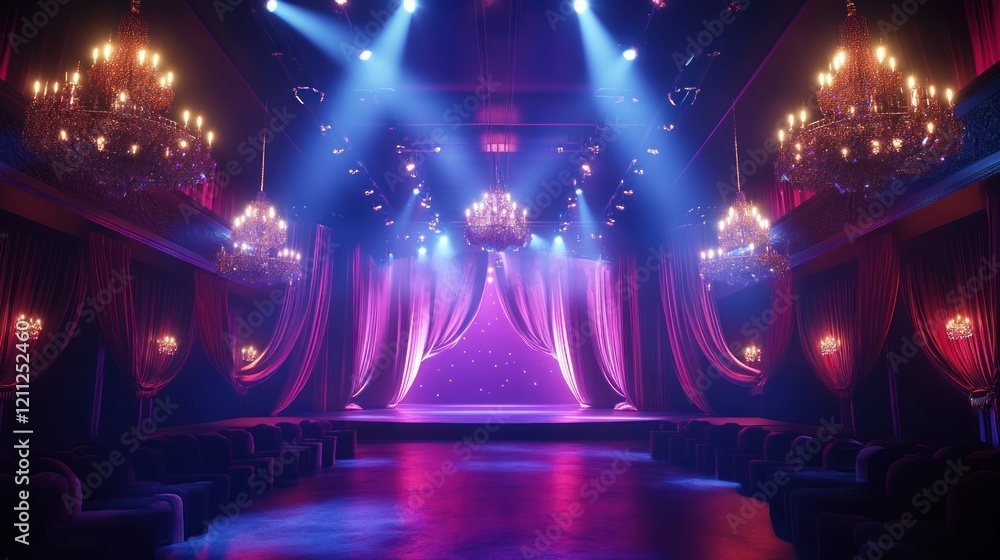Obraz premium An advanced 3D render of a premium venue with velvet drapes, crystal accents, and a glowing central stage under sophisticated spotlights, ultra-clear 4K