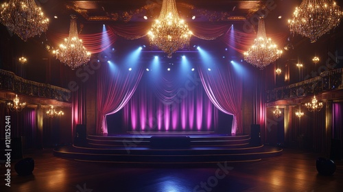 An advanced 3D render of a premium venue with velvet drapes, crystal accents, and a glowing central stage under sophisticated spotlights, ultra-clear 4K