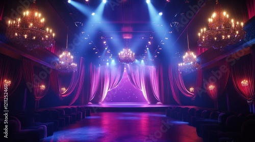 An advanced 3D render of a premium venue with velvet drapes, crystal accents, and a glowing central stage under sophisticated spotlights, ultra-clear 4K
