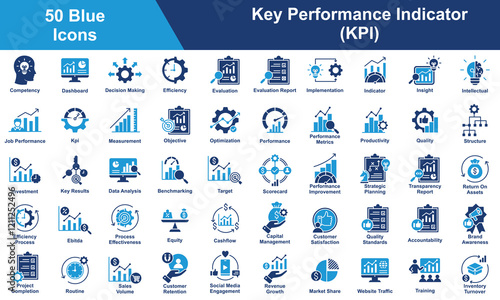 Key Performance Indicator Icon Set Collection. Containing Competency, Decision Making, Efficiency, Evaluation, Implementation, Indicator, Insight, KPI, Intellectual. Simple Blue Vector Illustration.