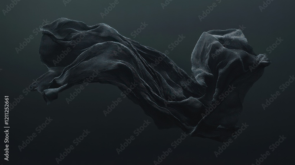 An elegant black cloth forming fluid, surreal patterns as it floats naturally in a dark 3D-rendered space, with precise details and highlights, lifelike 4K An elegant black cloth forming fluid, surreal patterns as it floats naturally in a dark 3D-rendered space, with precise details and highlights, lifelike 4K