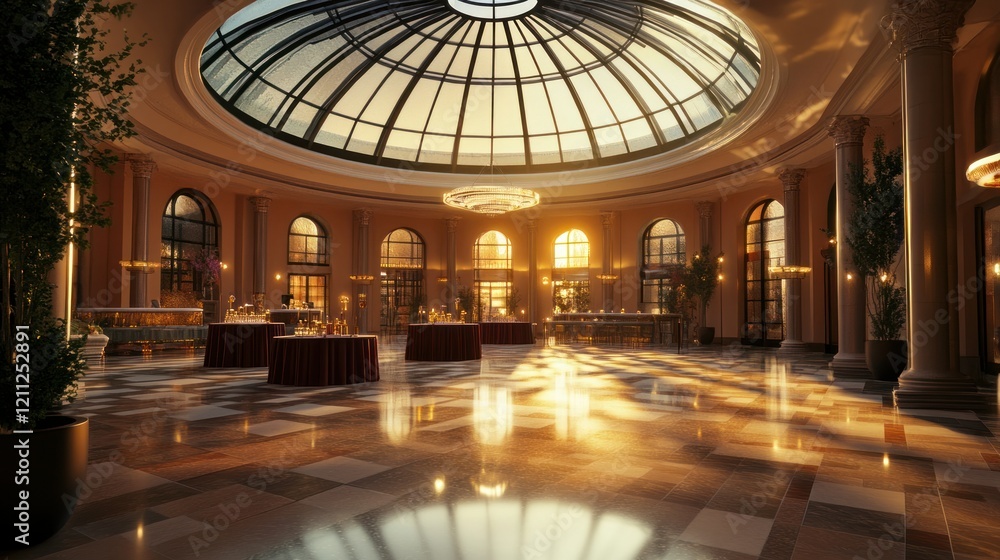 Obraz premium An elegant venue featuring a glass dome ceiling, dramatic lighting effects, and a spacious open floor plan ideal for elite gatherings, photorealistic 4K