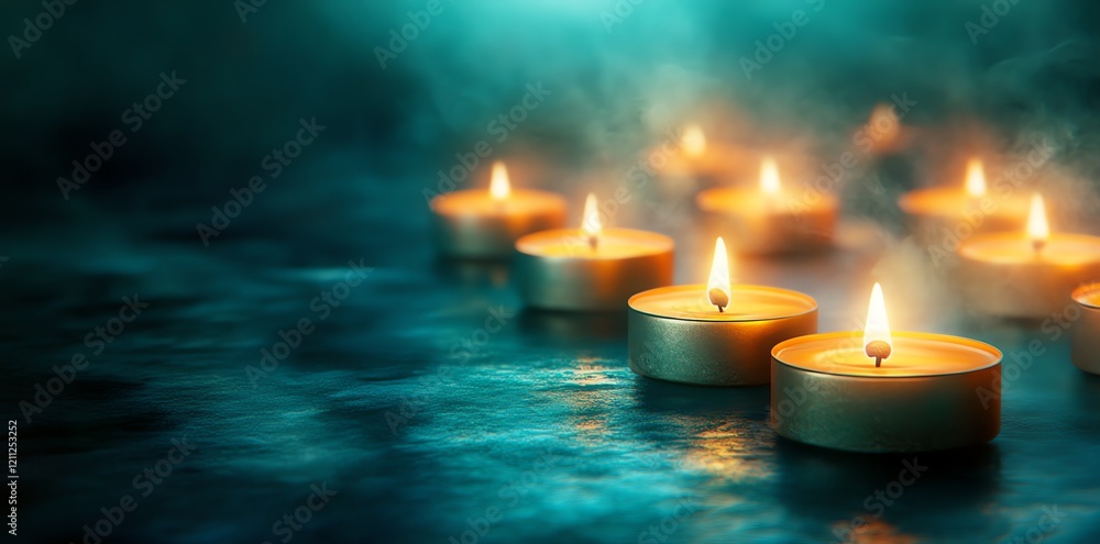Serene Teal Glow: Mystical Candlelight on Dark Water Serene Teal Glow: Mystical Candlelight on Dark Water