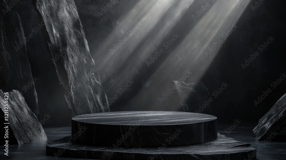 Black podium mockup with a geometric design, surrounded by dark stone slabs and illuminated by dramatic light beams in an abstract studio, ultra-detailed 4K Black podium mockup with a geometric design, surrounded by dark stone slabs and illuminated by dramatic light beams in an abstract studio, ultra-detailed 4K