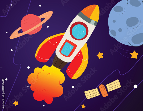 Flying Rocket Near Planets Vector Illustration