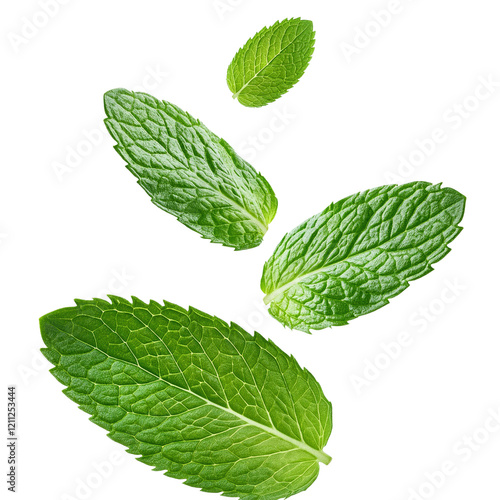 Four green mint leaves are shown in the air, with the top leaf being the largest