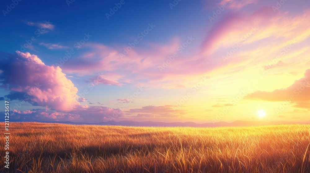 A serene landscape featuring a golden field under a vibrant sky at sunset, with gentle clouds illuminated by warm hues. A serene landscape featuring a golden field under a vibrant sky at sunset, with gentle clouds illuminated by warm hues.