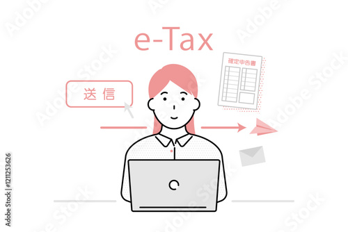 オンラインで確定申告を行う若い女性のイラスト