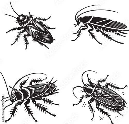Detailed Silhouette Illustrations of Cockroaches
