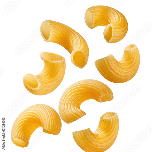 A close up of yellow pasta with a white background photo