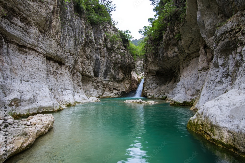 Serene Mountain Canyon with Crystal Clear Water and Cascading Waterfall Surrounded by Lush Green Vegetation in a Tranquil Natural Setting Serene Mountain Canyon with Crystal Clear Water and Cascading Waterfall Surrounded by Lush Green Vegetation in a Tranquil Natural Setting