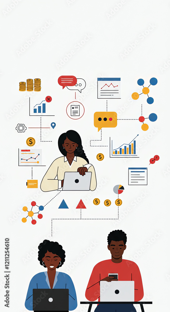 People working on laptops in an office, surrounded by icons representing finance. Illustration People working on laptops in an office, surrounded by icons representing finance. Illustration