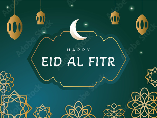 Happy eid al fitr greeting card  islamic flower pattern with moon and stars