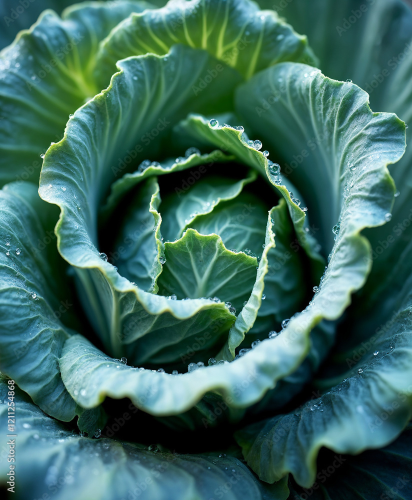 Obraz premium Close-Up of Savoy Cabbage with Water Droplets, Textured Green Leaves, Vegan Salad Ingredient