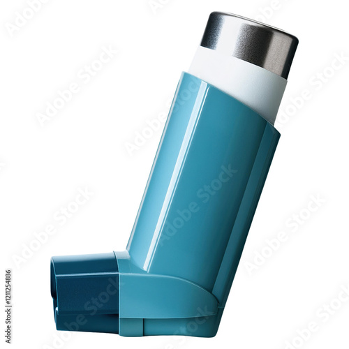 A blue inhaler is shown on a white background