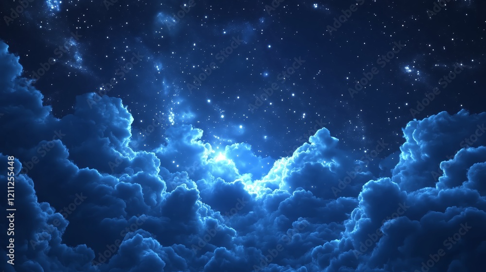 Dreamlike Night Scene with Illuminated Clouds and Starry Sky - Made with Generative AI Dreamlike Night Scene with Illuminated Clouds and Starry Sky - Made with Generative AI