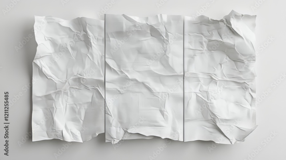 Triptych of crumpled white paper