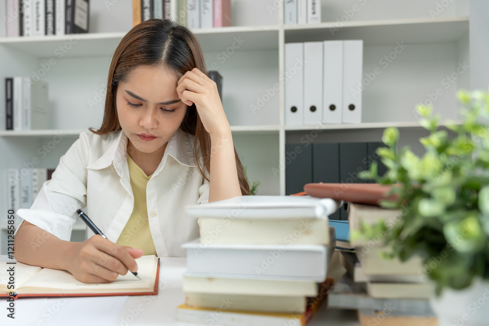 Asian student woman have anxiety because of exams, female prepare for test and learning lessons in the library. stress, despair, haste, misunderstanding reading, discouraged, expectation, knowledge Asian student woman have anxiety because of exams, female prepare for test and learning lessons in the library. stress, despair, haste, misunderstanding reading, discouraged, expectation, knowledge