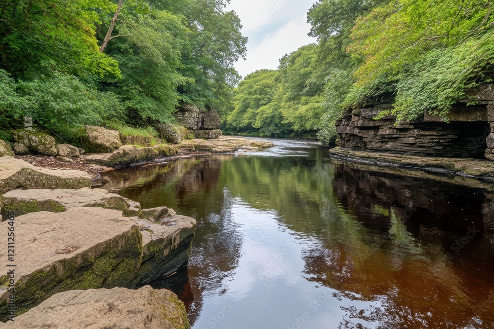 Serene Natural Landscape with Still Waters, Lush Green Trees and Rocky Riverbank, Capturing the Tranquility of Wilderness in a Picturesque Setting Serene Natural Landscape with Still Waters, Lush Green Trees and Rocky Riverbank, Capturing the Tranquility of Wilderness in a Picturesque Setting