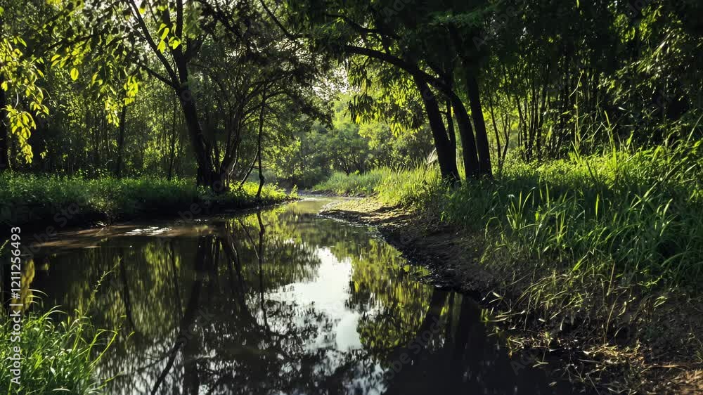 Winding path and stream meander through forest. Static camera position with natural lighting. Sunbeams pierce through canopy, creating dynamic light patterns on water surface. Winding path and stream meander through forest. Static camera position with natural lighting. Sunbeams pierce through canopy, creating dynamic light patterns on water surface.