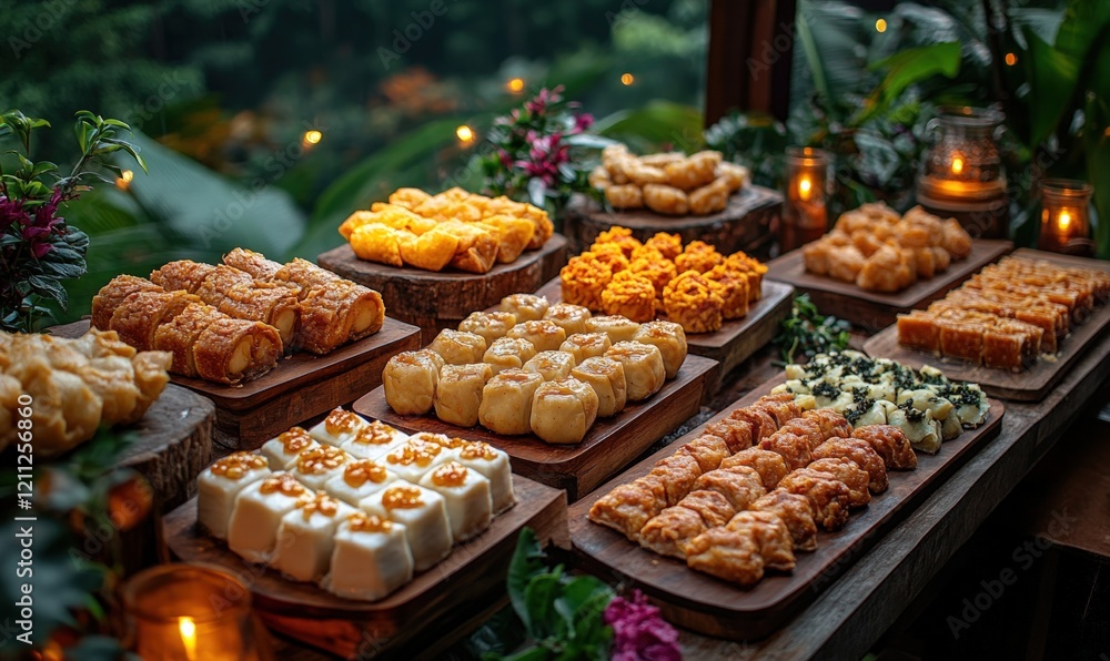 Assorted pastries displayed on wooden boards. Assorted pastries displayed on wooden boards.