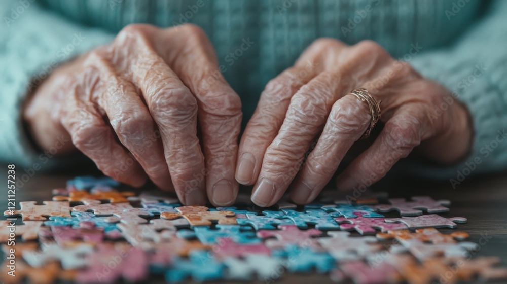 Elderly Hands Carefully Assembling a Colorful Jigsaw Puzzle Elderly Hands Carefully Assembling a Colorful Jigsaw Puzzle