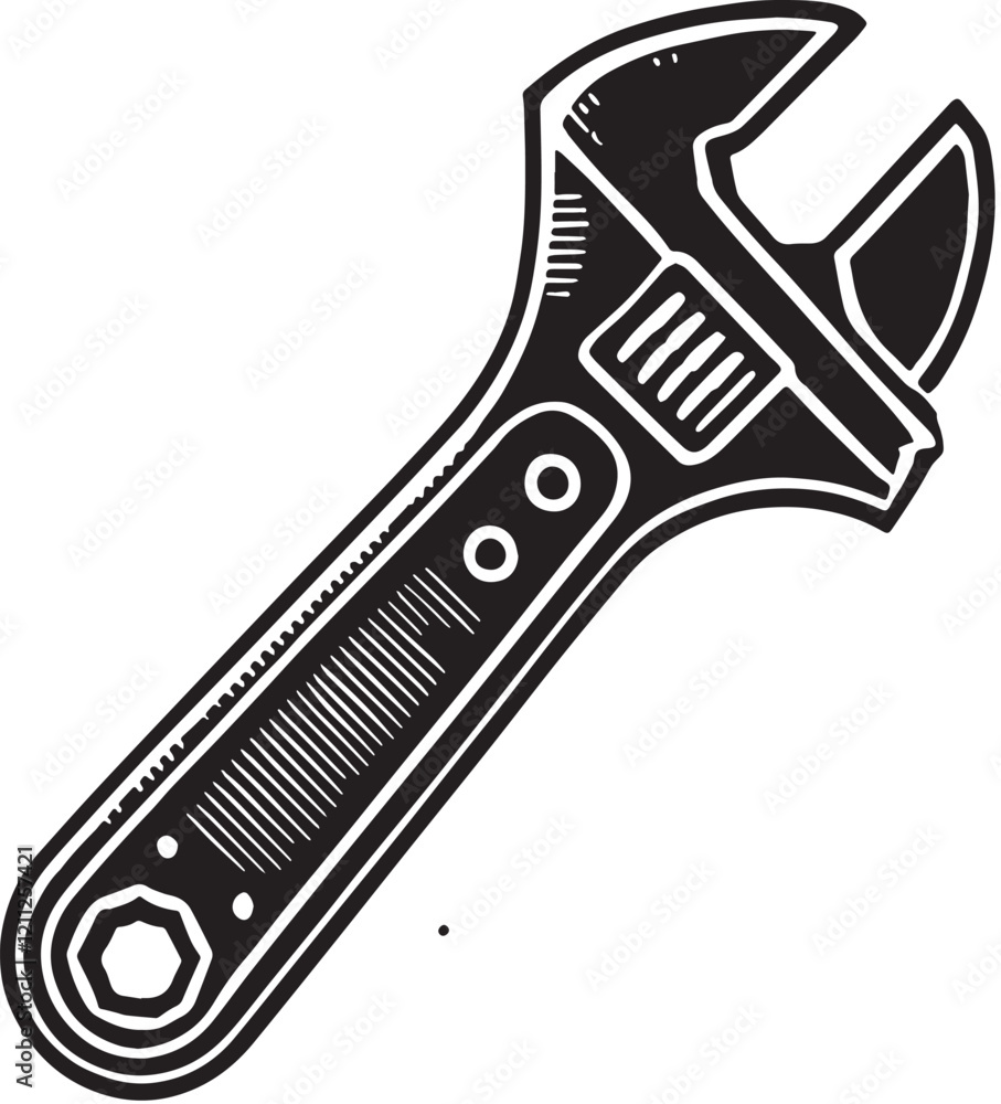Obraz premium Black Color Adjustable Wrench Silhouette Vector Illustration, Solid White Background. minimal vector design