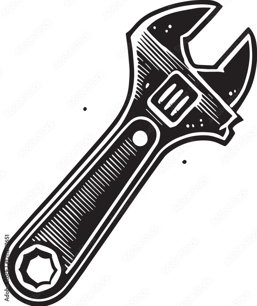 Obraz premium Black Color Adjustable Wrench Silhouette Vector Illustration, Solid White Background. minimal vector design