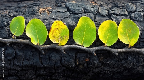 Fresh green leaves contrasting against charred wood