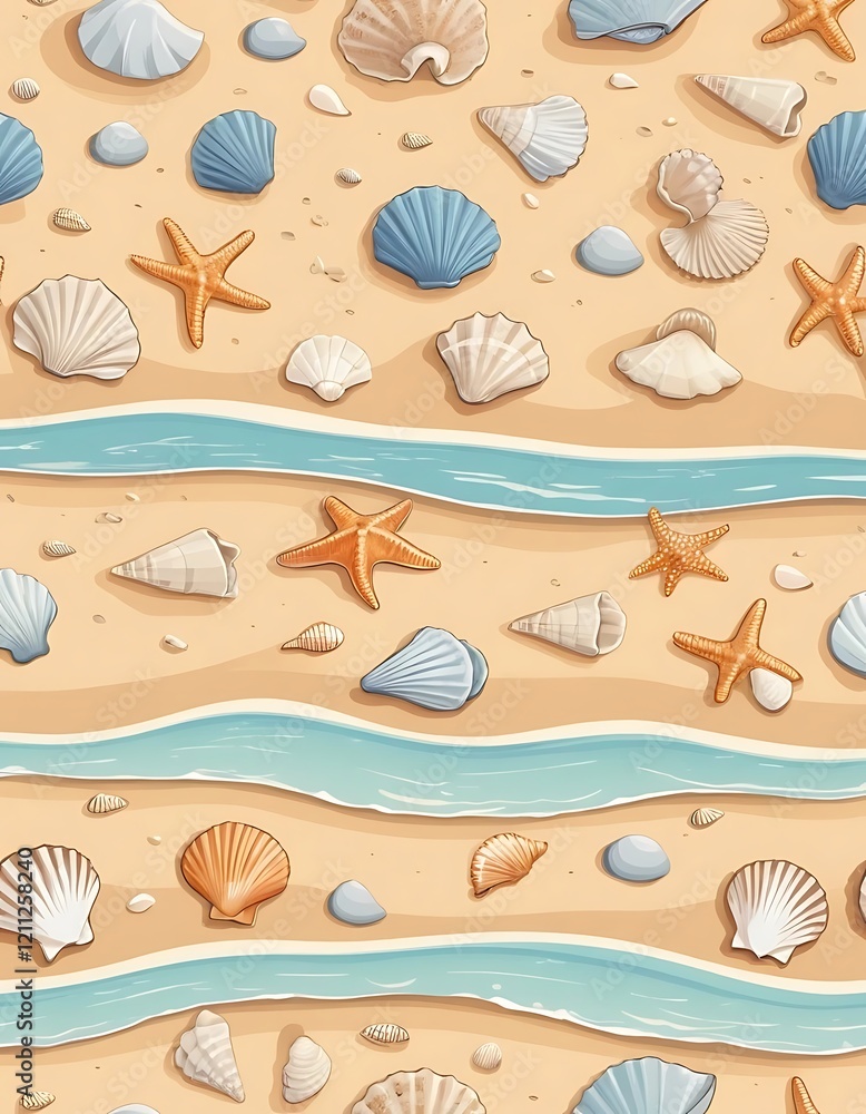 Naklejka premium Seashells Starfish And Ocean Waves On Sandy Beach