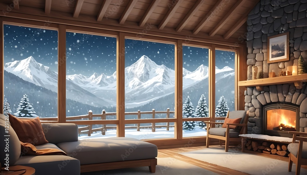 Fototapeta premium Cozy Cabin Winter Mountain View Fireplace Scene