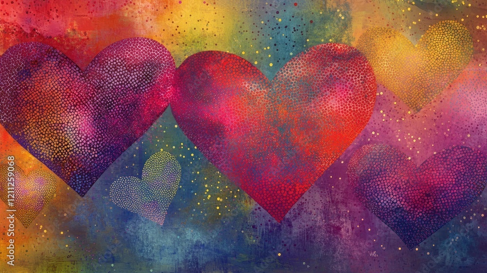 Intricate heart patterns with textured gradients and dotted highlights on a lively, colorful canvas. Intricate heart patterns with textured gradients and dotted highlights on a lively, colorful canvas.