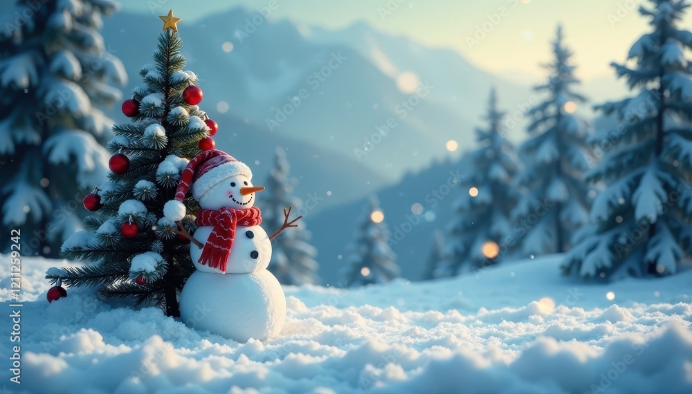 Fototapeta premium Snowman and Christmas tree in the foreground of a snowy landscape with snowflakes gently falling around them, wintry, serene, quiet