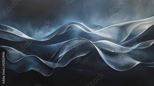 Serene Flowing Waves of Abstract Light and Shadow with Ethereal Hues Set Against a Dark Background, Evoking Calm and Tranquility in Artistic Composition
