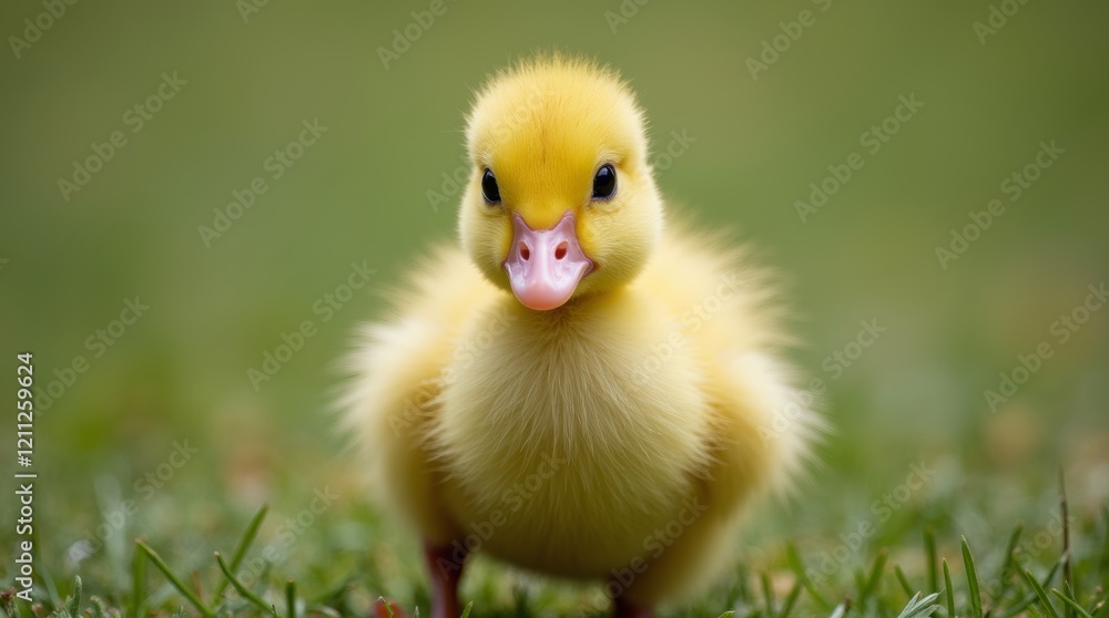 Single duckling standing on grass, curious expression, with fluffy downy feathers in a peaceful rural setting. Single duckling standing on grass, curious expression, with fluffy downy feathers in a peaceful rural setting.