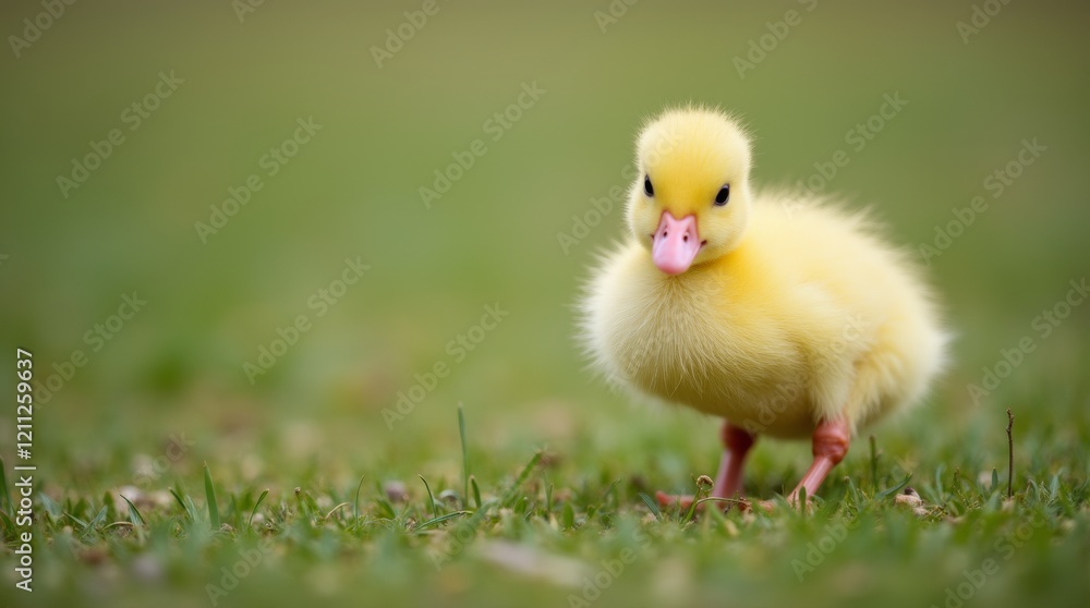 Single duckling standing on grass, curious expression, with fluffy downy feathers in a peaceful rural setting. Single duckling standing on grass, curious expression, with fluffy downy feathers in a peaceful rural setting.