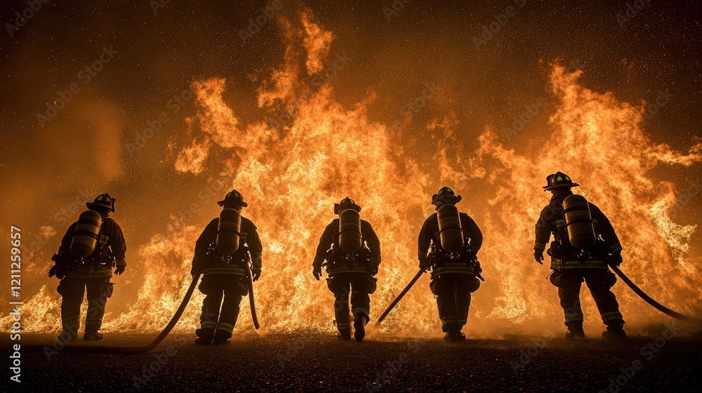 Fototapeta premium Firefighters battling a massive blaze at night