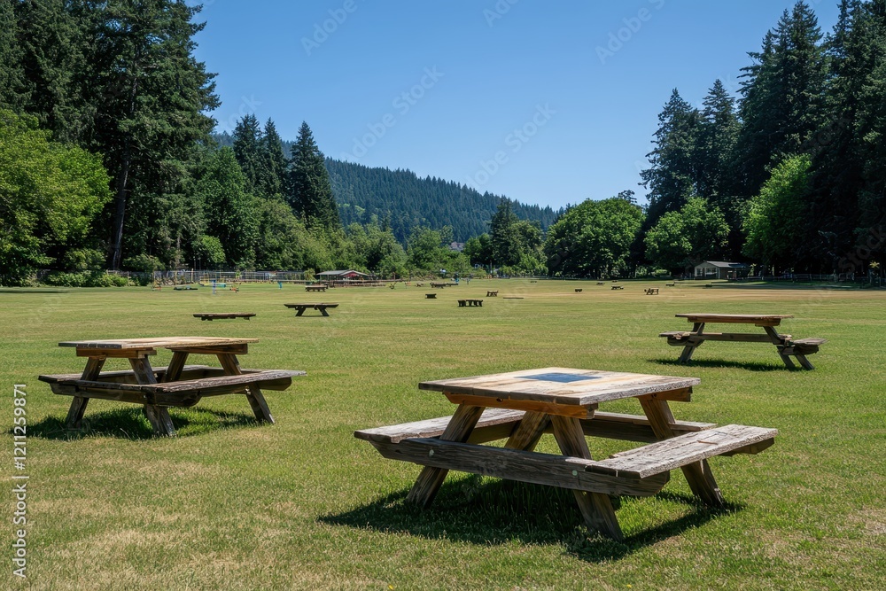 Serene Outdoor Park Landscape with Picnic Tables Set Amongst Lush Green Grass and Trees Under a Clear Blue Sky in the Peaceful Wilderness Serene Outdoor Park Landscape with Picnic Tables Set Amongst Lush Green Grass and Trees Under a Clear Blue Sky in the Peaceful Wilderness