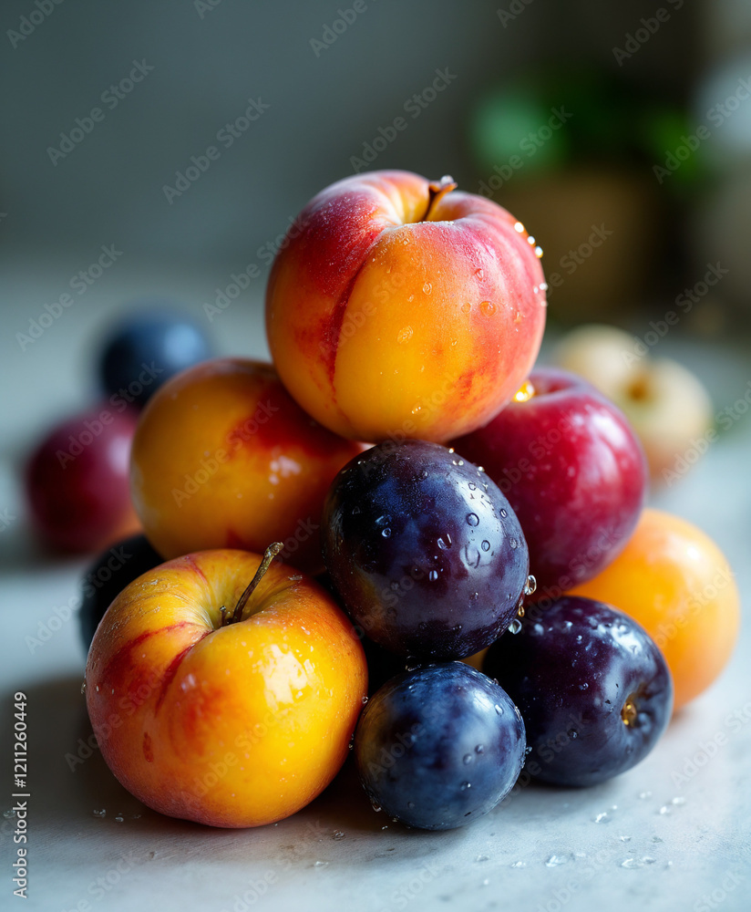 Freshly Washed Mixed Stone Fruit - Plums, Peaches, and Apricots on Limestone Counter, Dripping Wet and Ready to Enjoy Freshly Washed Mixed Stone Fruit - Plums, Peaches, and Apricots on Limestone Counter, Dripping Wet and Ready to Enjoy