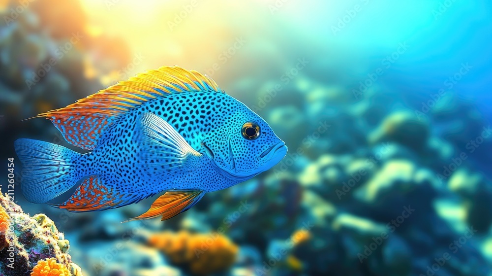 Vibrant blue fish swimming in a coral reef