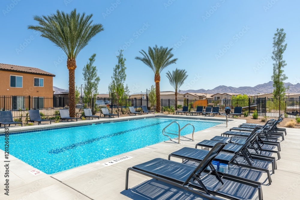 Serene Outdoor Pool Area with Lounge Chairs Surrounded by Palm Trees and Desert View in a Modern Residential Community Serene Outdoor Pool Area with Lounge Chairs Surrounded by Palm Trees and Desert View in a Modern Residential Community