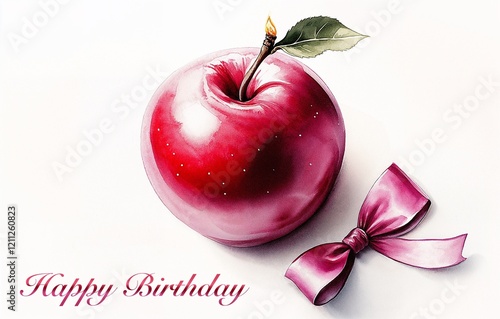 red apple with ribbon birthday card