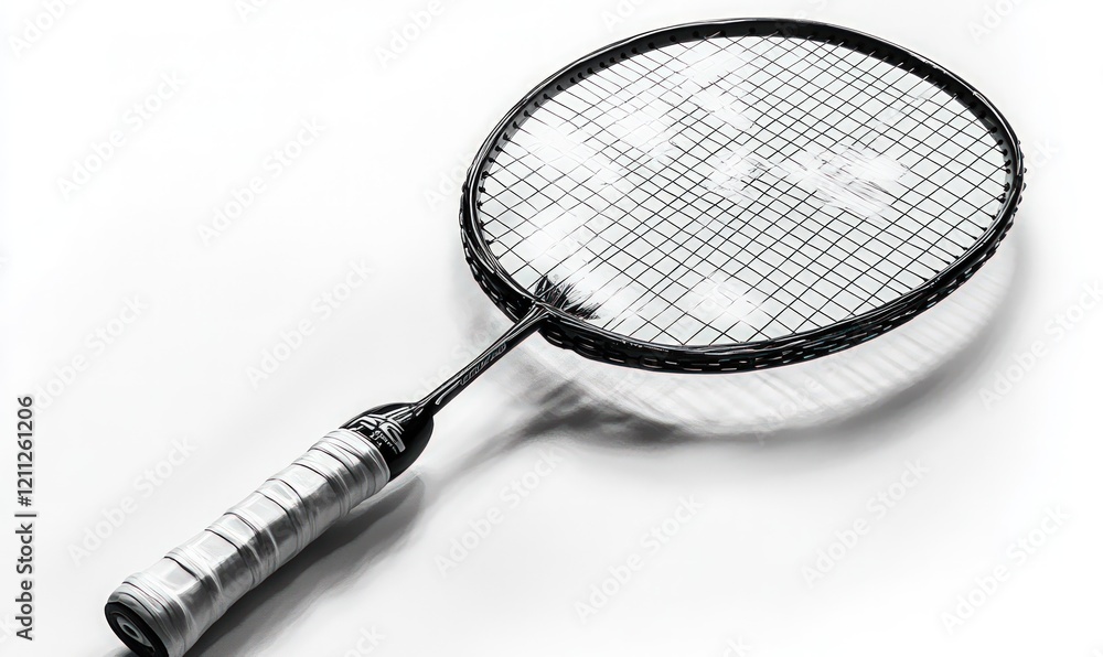 Black badminton racket, white background. Black badminton racket, white background.