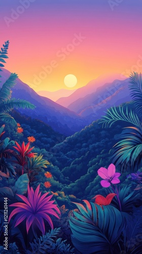 Tropical Sunset Over Lush Mountain Valley Landscape