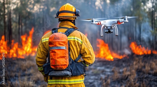 Firefighter using drone technology in wildfire management photo