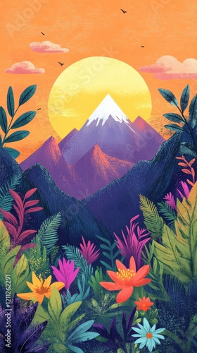 Vibrant Tropical Flowers Blooming Before Majestic Mountains Sunset