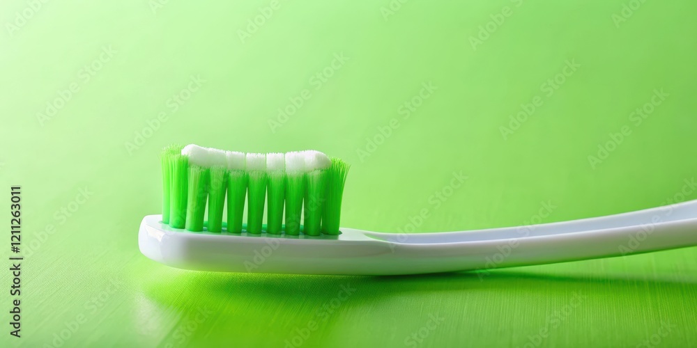A Close-Up View of a Toothbrush with Paste on a Vibrant Green Background A Close-Up View of a Toothbrush with Paste on a Vibrant Green Background