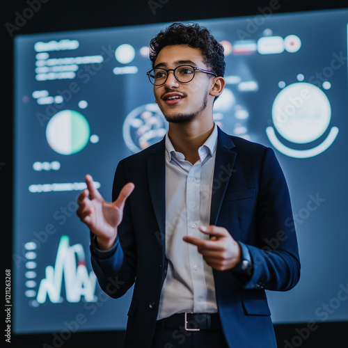 Innovative data presentation by young professional corporate office business meeting modern environment engaging viewpoint storytelling in analytics