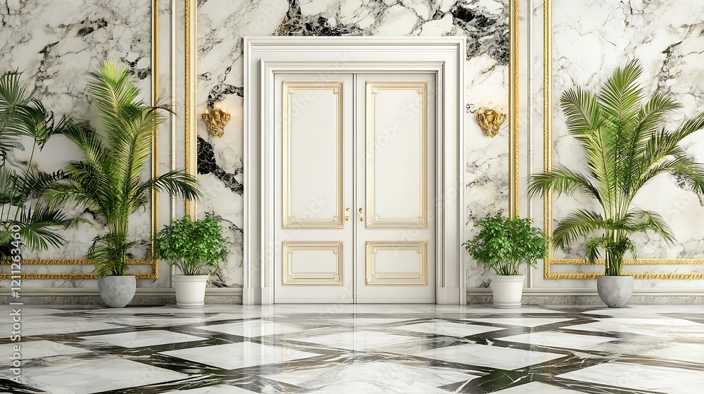 Fototapeta premium Elegant White Doorway with Marble Walls and Plants