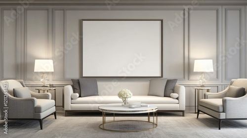 A modern living room featuring a neutral color palette, elegant furniture, and a blank wall centerpiece, creating a serene and stylish atmosphere.